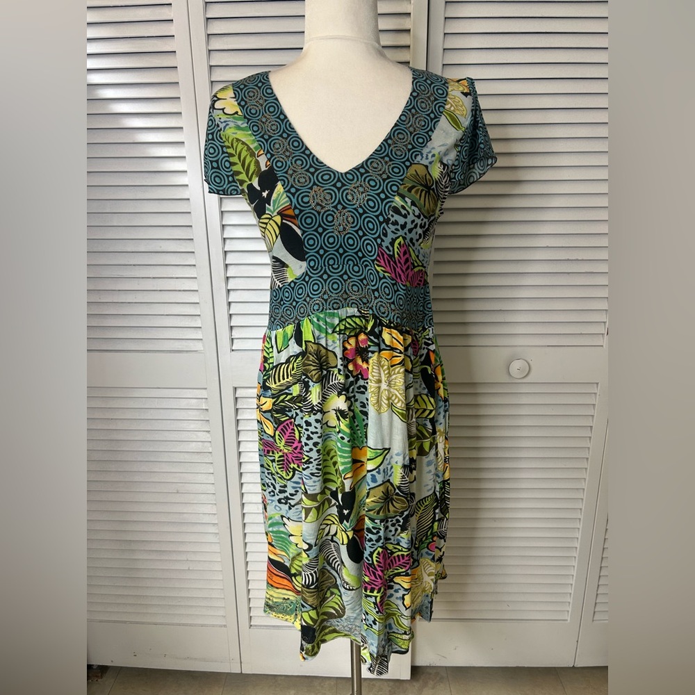 Chaudry KC Tropical Print V-Neck Dress Size Medium